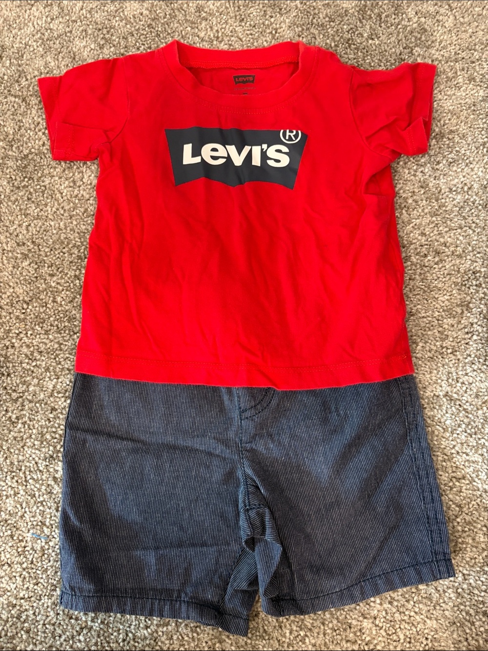 Levi's Red Tee with Navy Logo and Dark Blue Shorts
